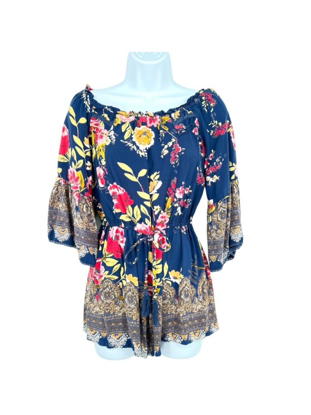 Angie Floral Off-Shoulder Boho Bell Sleeve Romper Blue Multicolor Size Medium